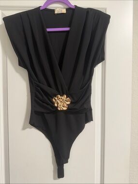 Black Womens Bodysuit with Gold Accent - Elegant Draped V-Neck